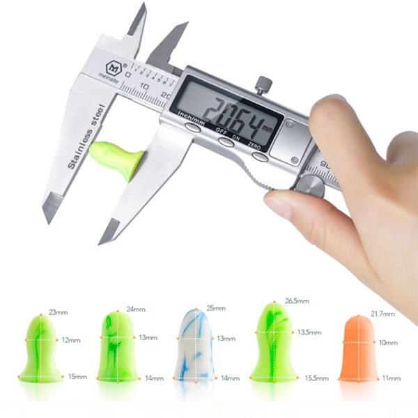 Measuring foam earplug sizes for different ear canals, providing a snug and comfortable fit for noise reduction in travel, study, and work environments.